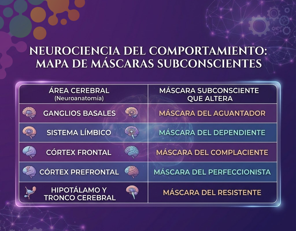Áreas del cerebro afectadas por las máscaras de la personalidad de Lise Bourbeau en la Neurotransformación.